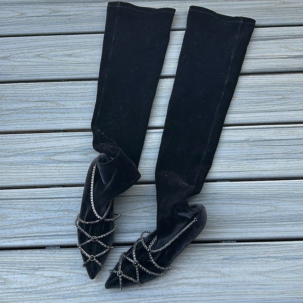 Sonia Rykiel Velvet Black Jewelled Thigh High Boots